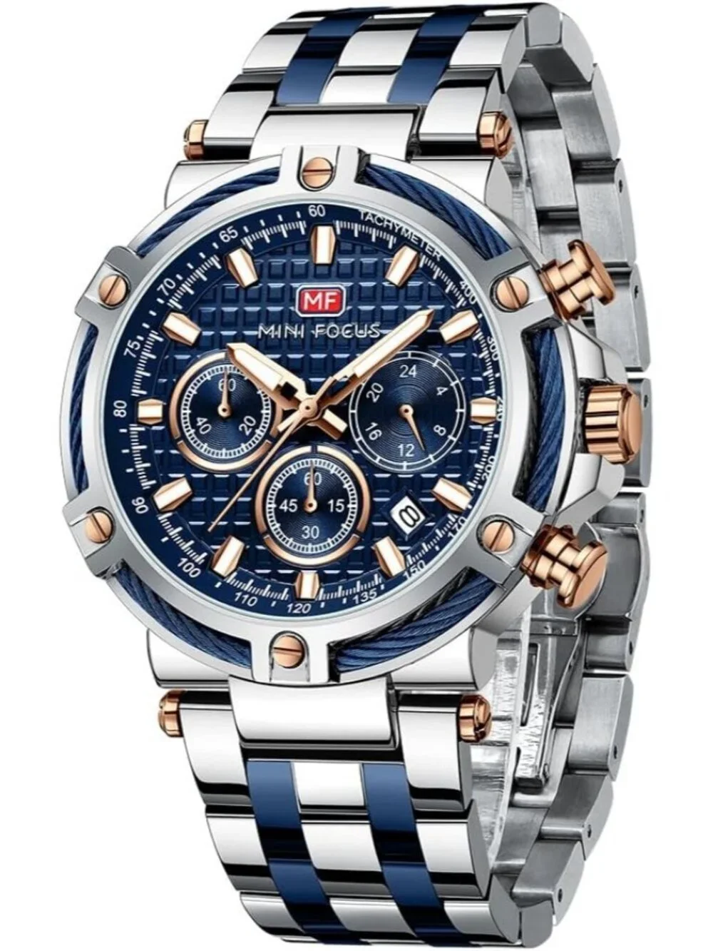 Men's Silver Blue Stainless Steel Band Chronograph Waterproof Luminous Watch